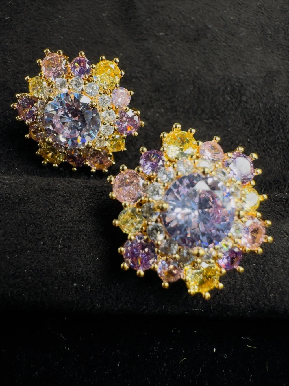 Gold Multi-Color Crystal Cluster Stud Earrings by